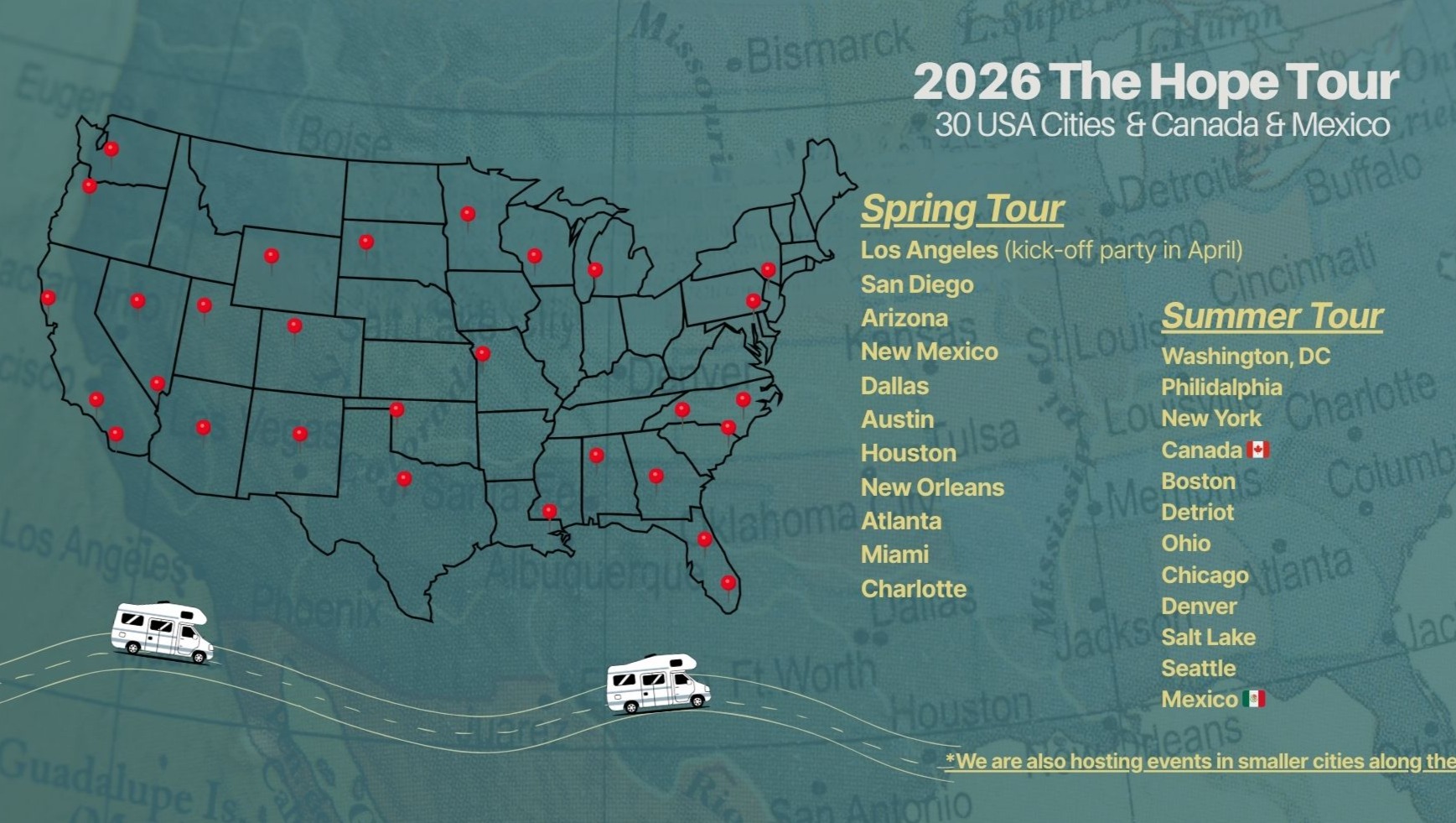 Map of the United States showing The Hope Tour 2026 route across 30 cities